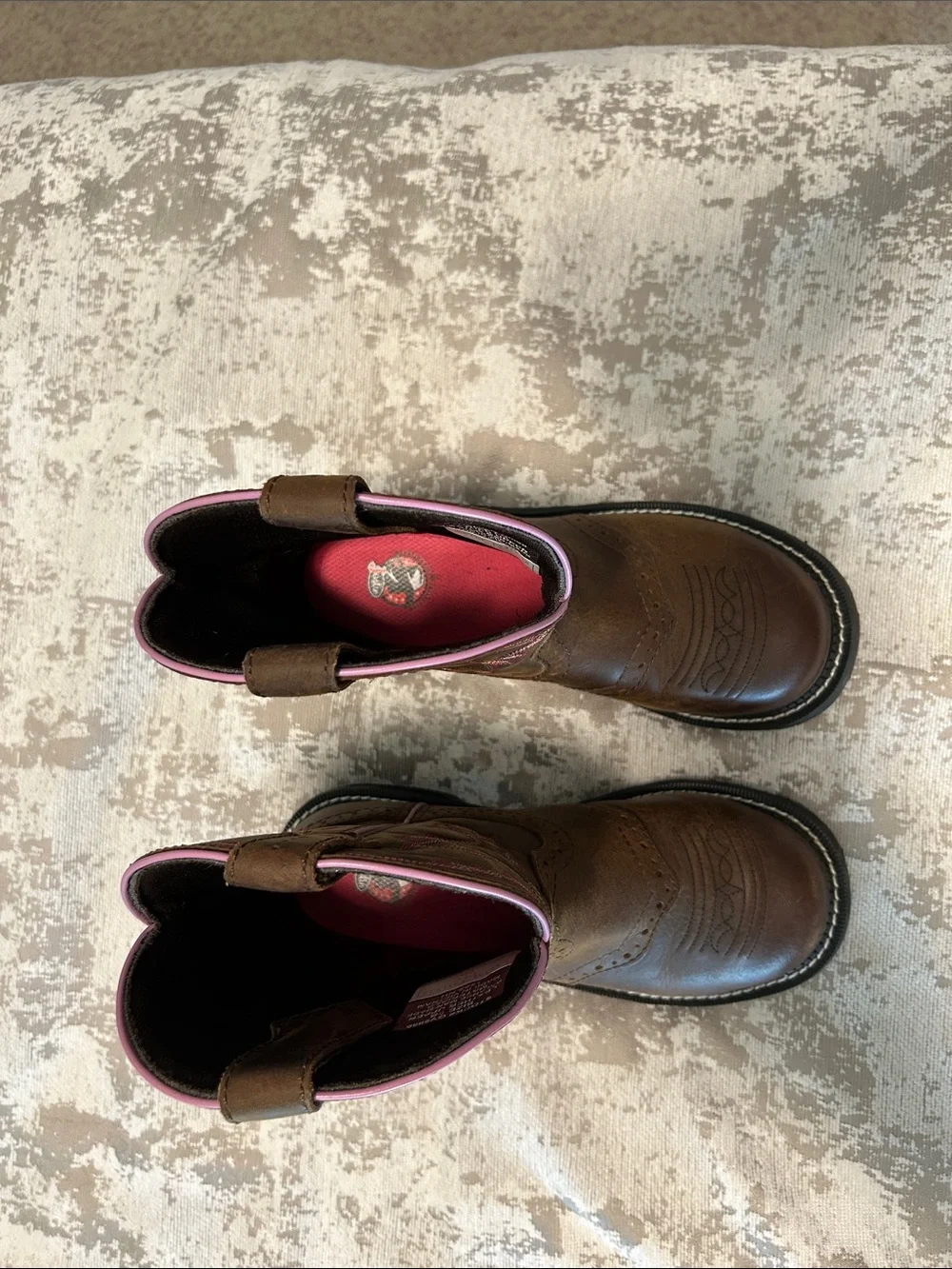 Justin Boots Brown Leather Steel Toe Western Work Boots with Pink Accents